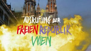 Feuer vor dem Rathaus, darüber das Sujet der Wiener Festwochen