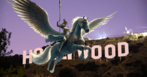 Walküre auf Pegasus vor dem Hollywood-Schriftzug