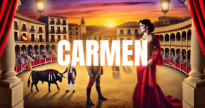 Neon-Schriftzug Carmen, im Hintergrund eine KI generierte Darstellung einer Stierkampfarena mit Darstellern aus Carmen