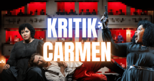 Kritik*Carmen in Neonschrift vor verpixelten Opernlogen und Fotos aus Carmen