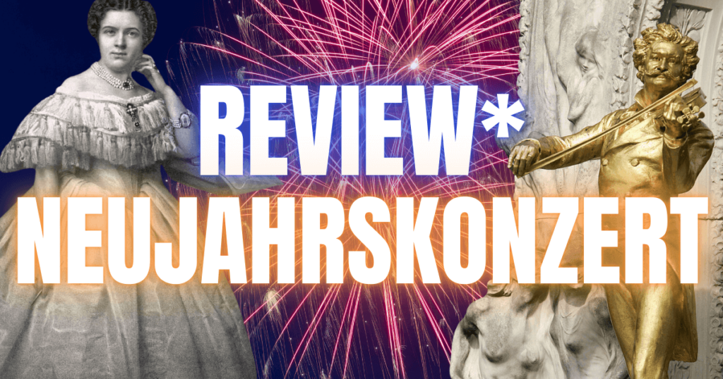 Blog Header: Review Neujahrskonzert in Neon Schrift vor einem Feuerwerk