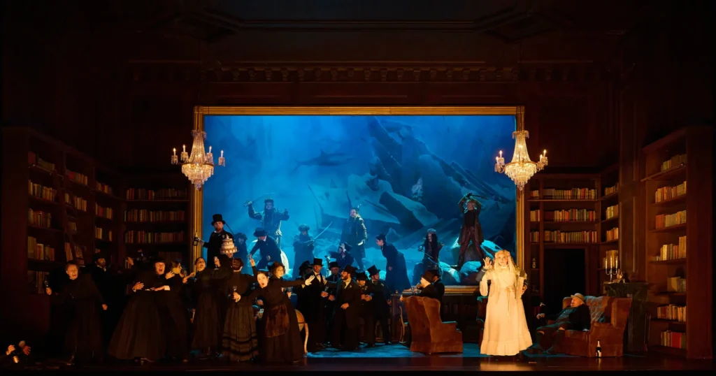 Ambur Braid (Senta), James Ley (Der Steuermann), Jordan Shanahan (Der Holländer), Wilhelm Schwinghammer (Daland), Ieva Prudnikovaite (Mary), Arnold Schoenberg Chor, Statisterie (c) Matthias Baus